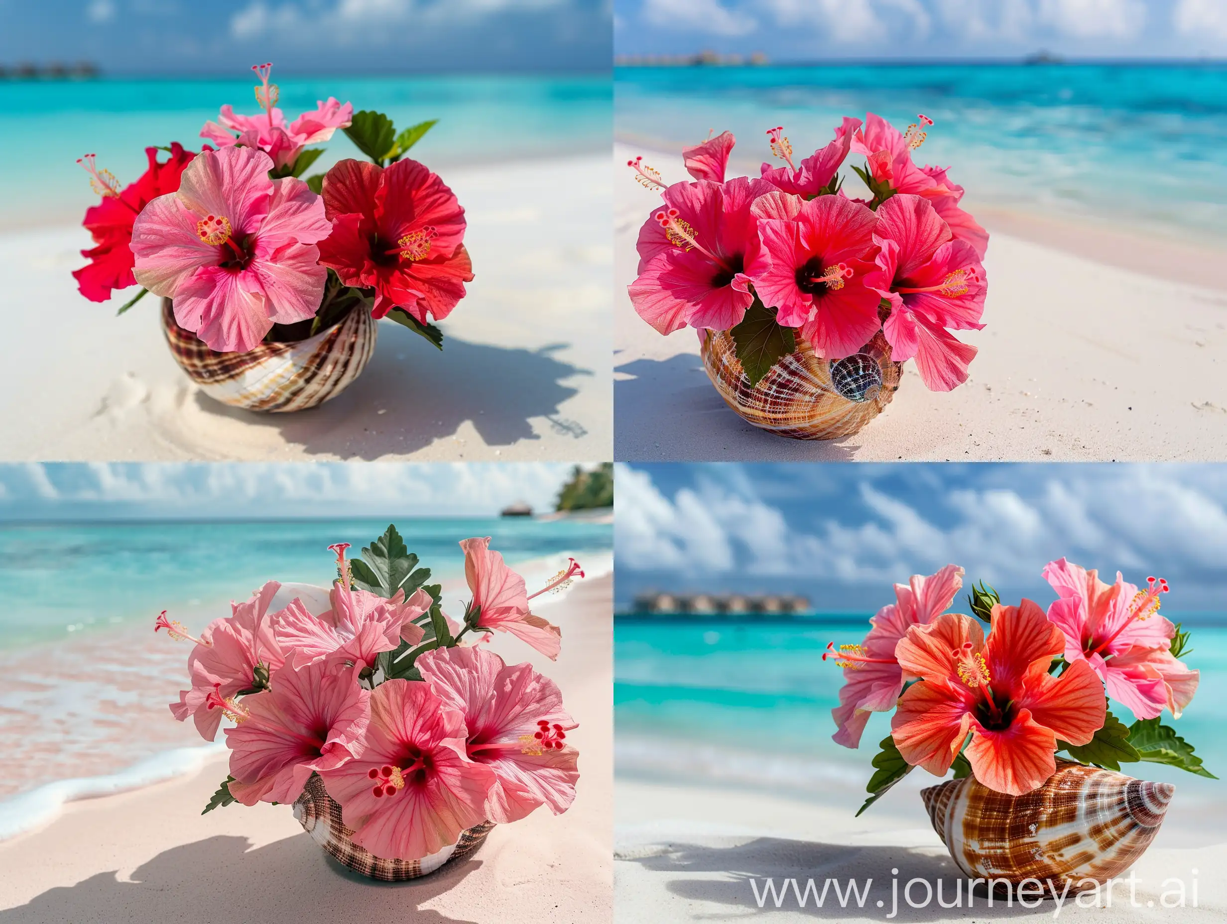 bouquet of hibiscus flowers in a shell on a sandy beach in the Maldives