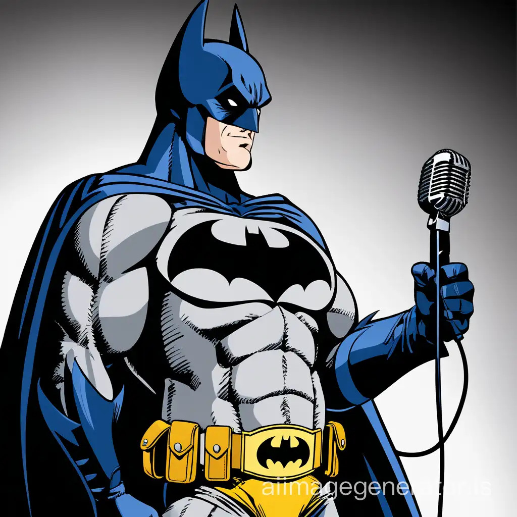 batman look a like super hero with mic in hands