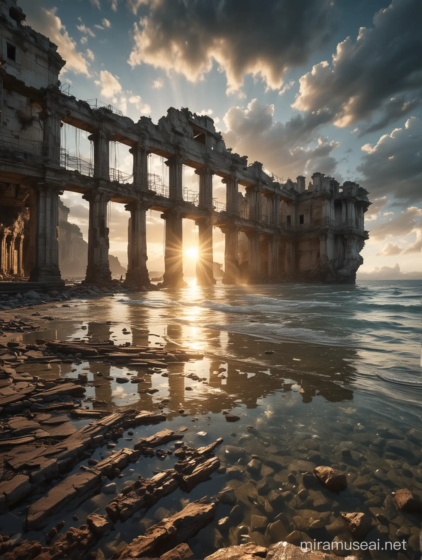Mystical Ruins Tranquil Seascape with Abandoned Architecture