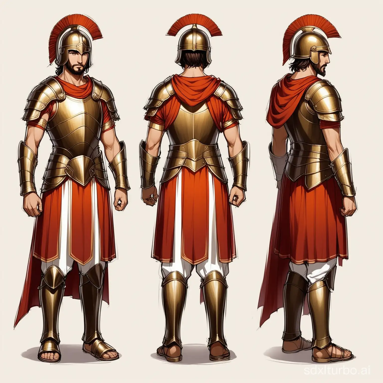   Character Design Description

#### Background Story
- *Name*: TBD
- *Age*: 15
- *Origin*: North Africa, during the time of the Carthaginian Empire
- *Motivation*: Seeking revenge on the Romans for killing his farmer parents during an attack on their dynasty.
  
#### Personality
- *Traits*: Young, brave, innocent, revolutionary, and rebellious.
- *Characteristics*: Curious, determined, and driven by a strong sense of justice and revenge.

#### Physical Traits
- *Helmet*: Wearing a Carthaginian military helmet, symbolizing his allegiance and warrior spirit.
- *Body Armor*: A body armor that appears oversized for his young frame, showcasing his determination to become a warrior despite his age.
- *Clothing*: Simple and practical clothing underneath the armor, reflecting his humble origins as a farmer's son.
  
#### Design Elements
- *Body Proportions*: The character should have a lean and agile build, with subtle indications of his young age.
- *Facial Features*: Expressive eyes that convey determination and innocence, along with a youthful face that shows signs of determination.
  
#### Color Palette
- *Armor*: Earthy tones like bronze and dark leather to reflect the materials available during the Carthaginian era.
- *Clothing*: Neutral tones like beige or brown for the underclothes to complement the armor.
- *Helmet*: Metallic shades with bronze or gold accents to highlight the helmet's importance.
  