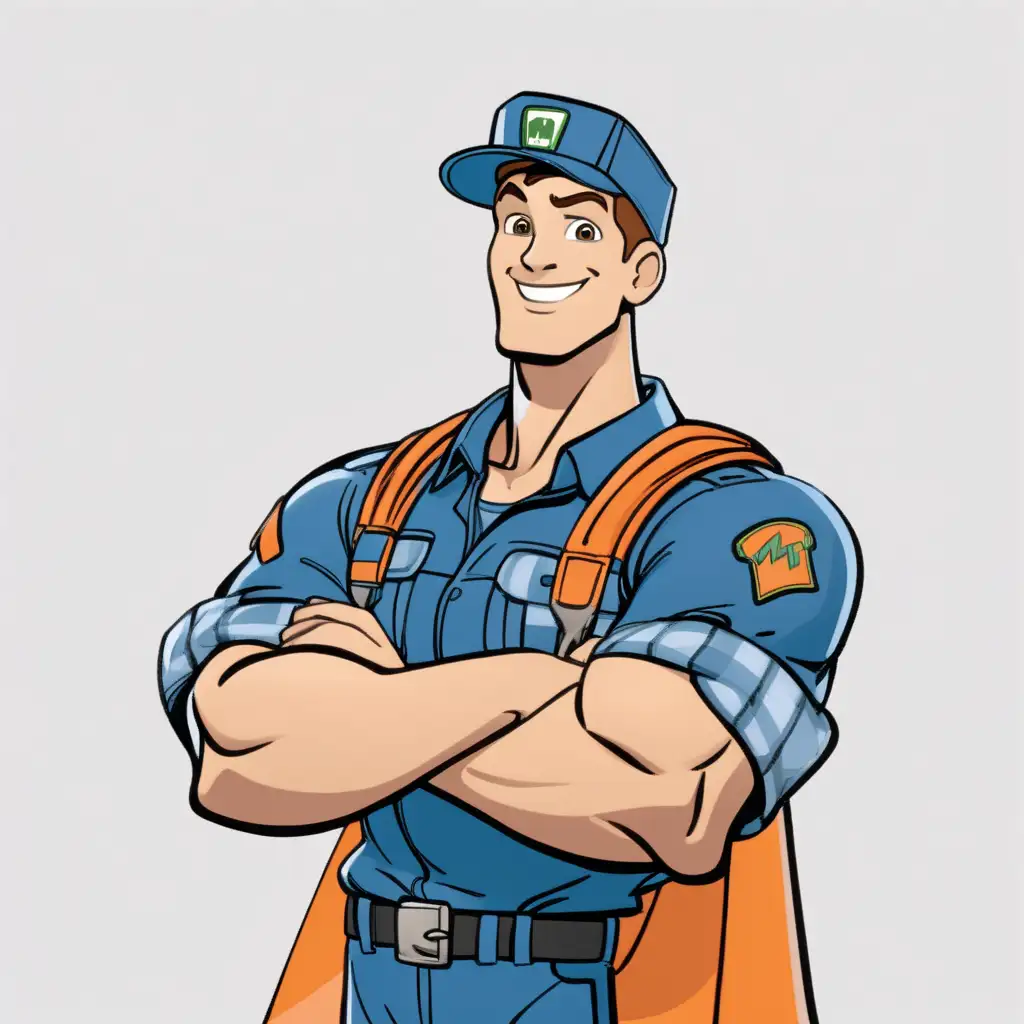 animated male character, garbage man, superhero, close-up, no background, arms folded, smiling, leaning back