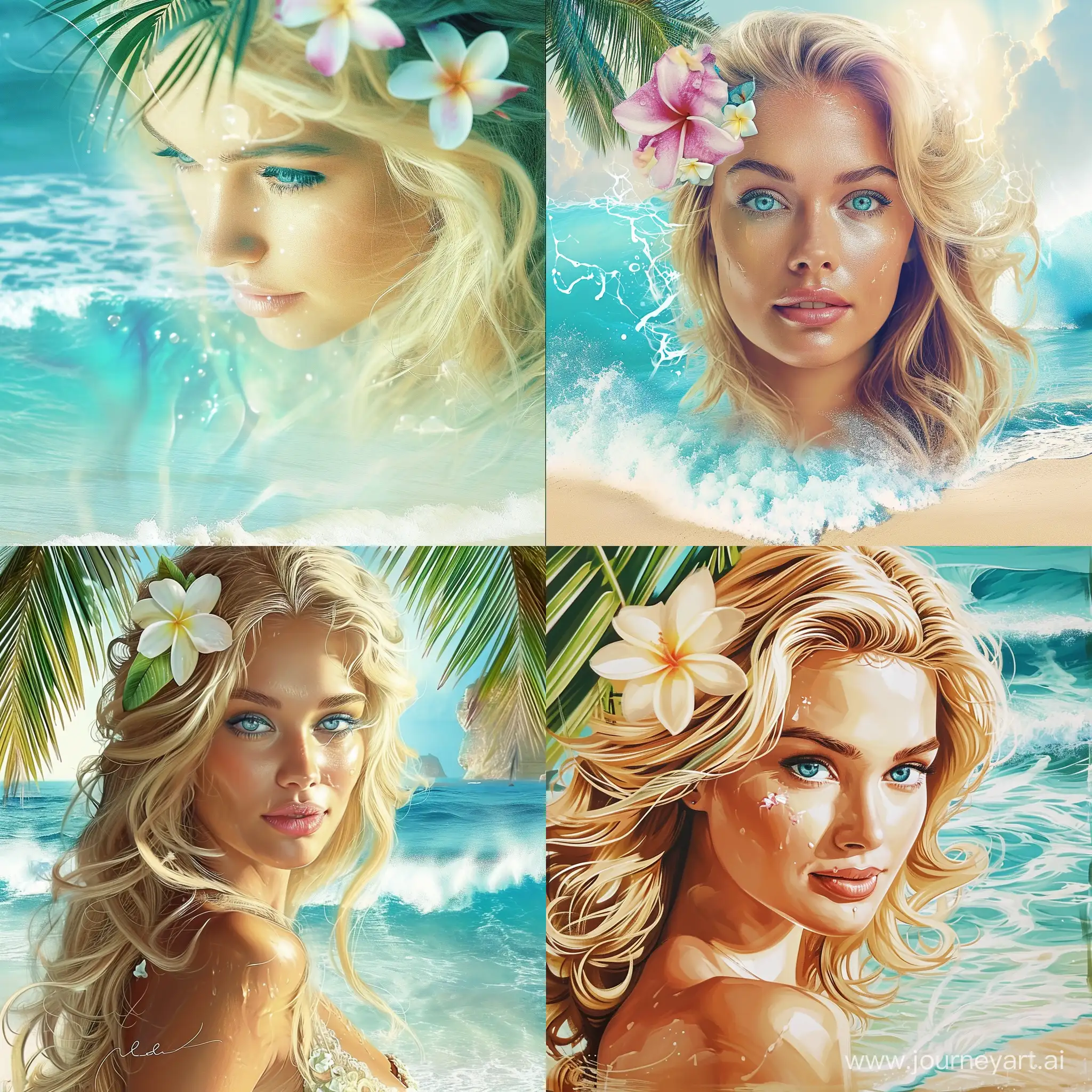 Blonde-Woman-with-Flower-in-Hair-Enjoying-Tropical-Beach-Paradise