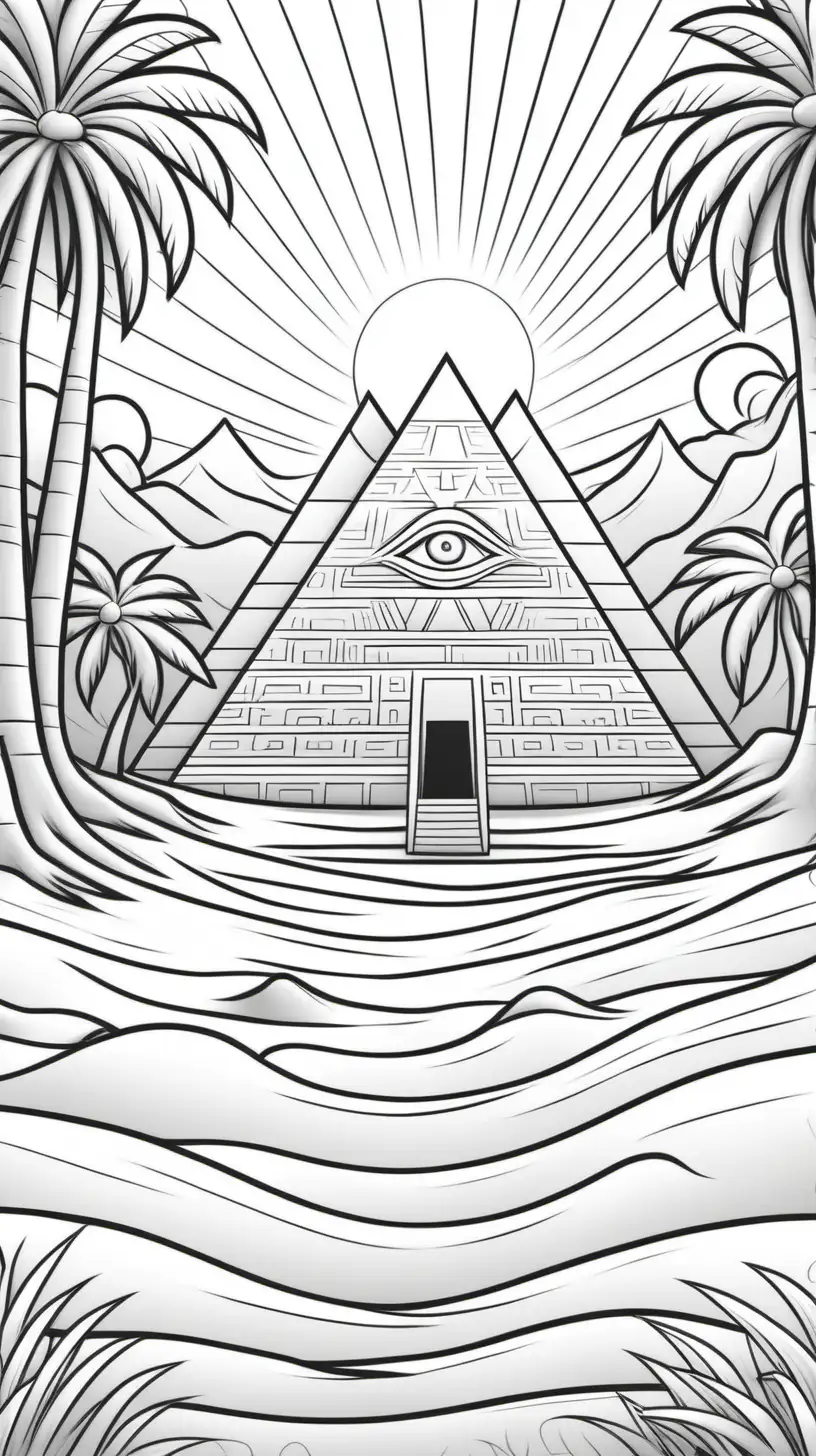 Coloring book page with an Egyptian pyramid energing from the sand surrounded by the sun and trees with thick lines, it also needs a fun fact about the pyramid at the bottom of the image