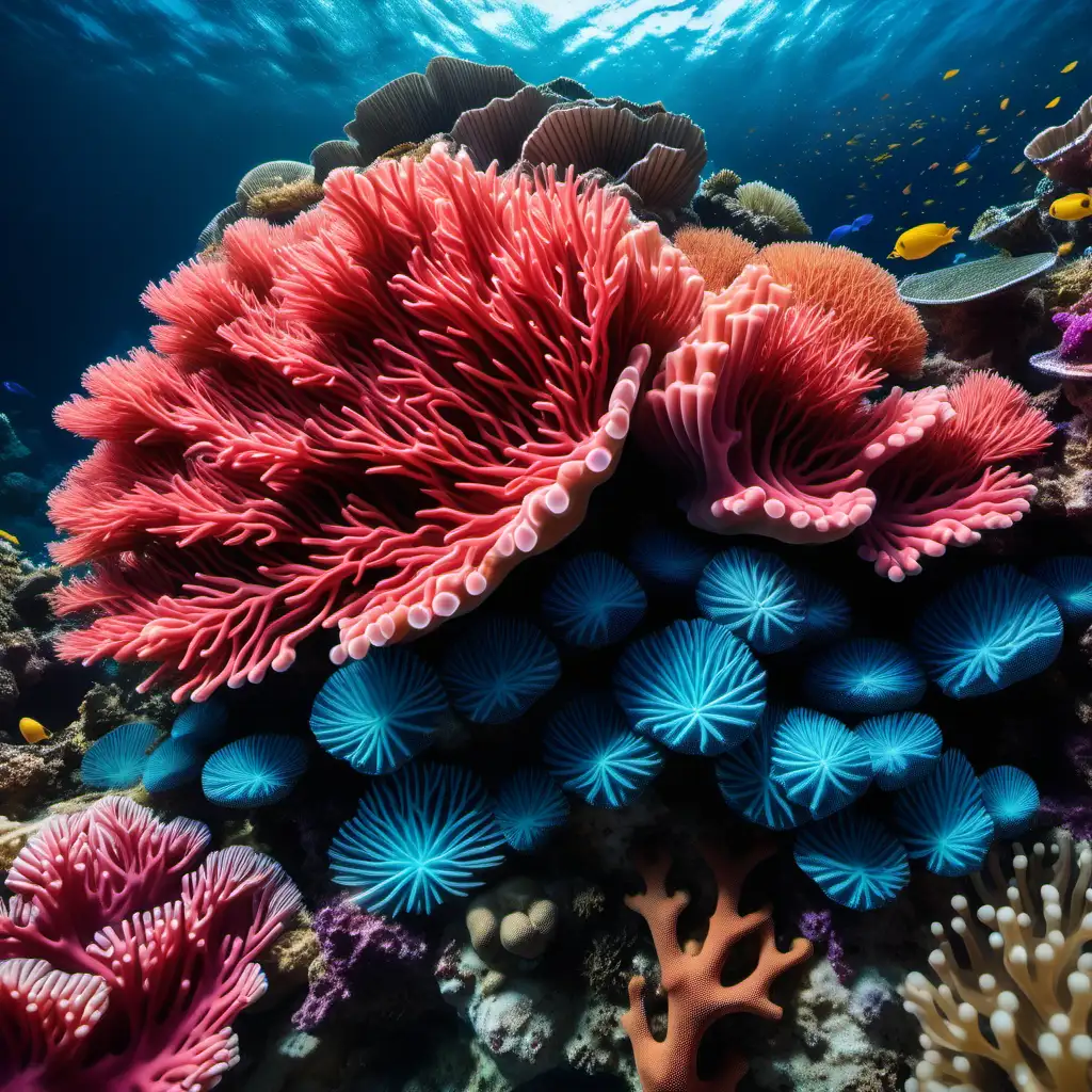 Close-up macro photography of vibrant coral formations and marine life in an underwater reef, emphasizing biodiversity, shot with Sony Alpha a9 II and Sony FE 200-600mm f/5.6-6.3 G OSS lens, natural light, hyper realistic photograph, ultra detailed