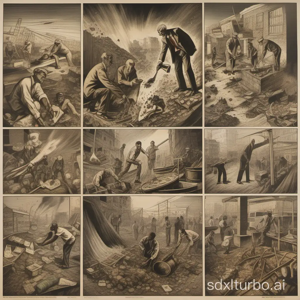 Scenes depicting the negative consequences of unchecked greed, such as exploitation, corruption, and environmental destruction