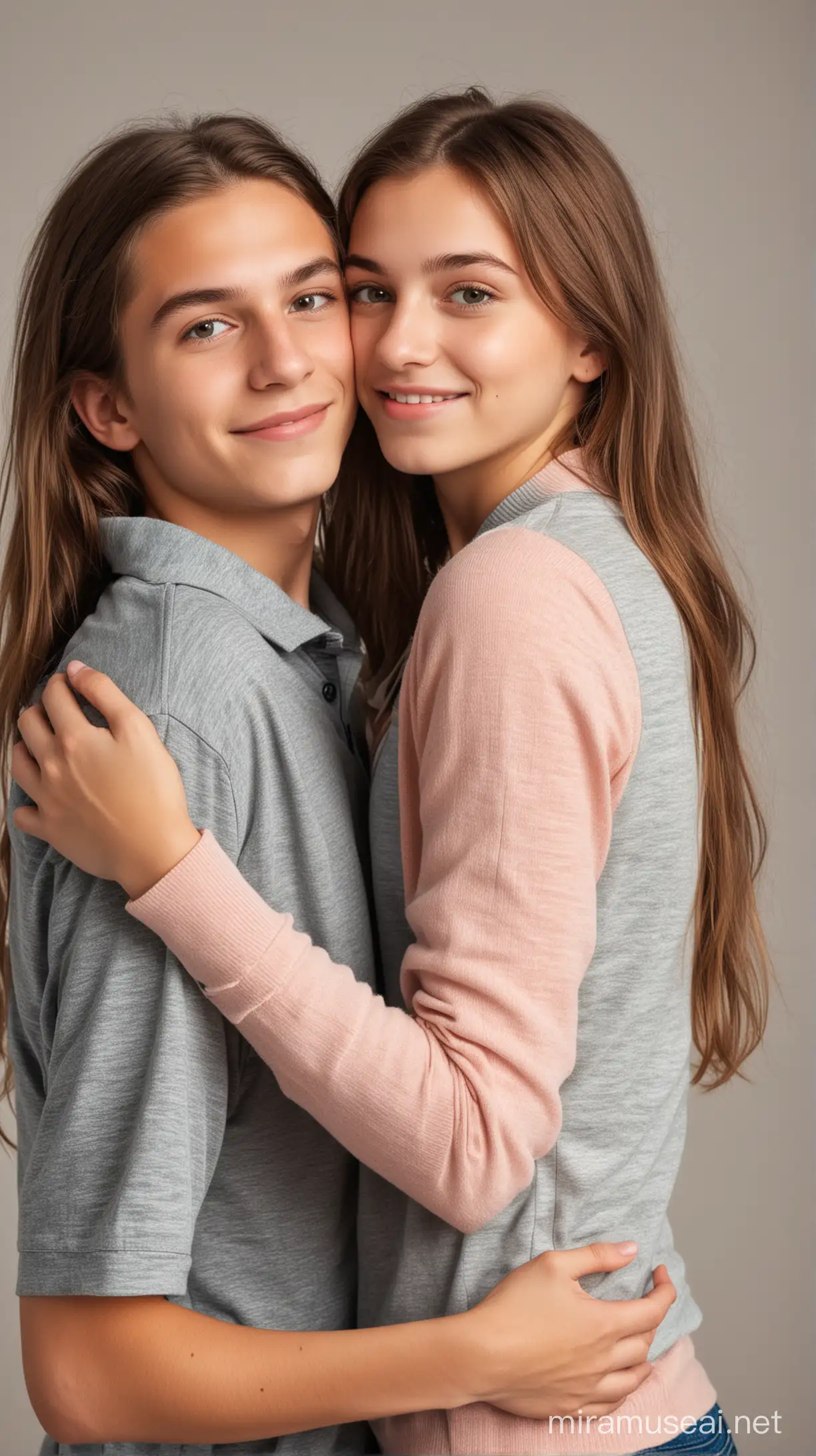  Teen twin siblings boy hugging girl from behind 