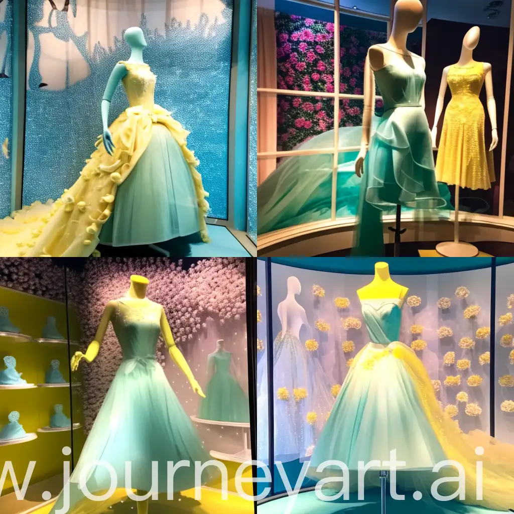 soiree dress store window . shows a plastic  mannequin wears a long tight light yellow pearled  dress with a long train . the mannequin is in the left of the store window ,  the background is solid aqua blue wallpaper and  light yellow organza fabric begins from the train of the dress like its a part of it and flying smoothly in circular way to the top