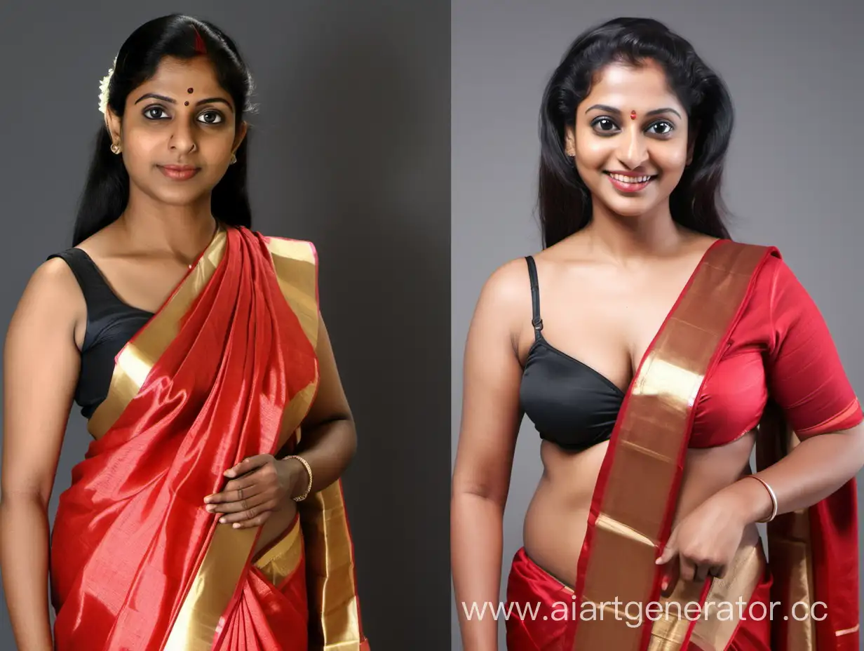 Before and after pictures side by side. First picture is a Very fair 35 year old beautiful kerala woman in a red silk saree. Second picture is the same woman in bra and thong. 