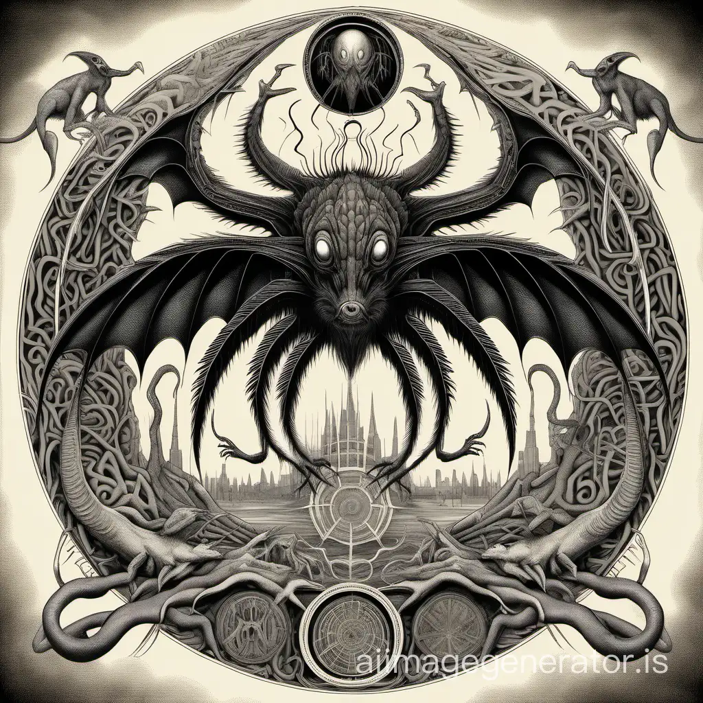 a vulture-rat-fish functional chimera life-form, as above so below, symbolic engraving, alien monogram, snake-like cycle of life with apex and Yggdrasil, prophetic, hypnotic, ape terror, simple truth, skewed symmetry, without text, high-contrast, less detailed, H. R. Giger style, mycelium, psychedelic, black spider