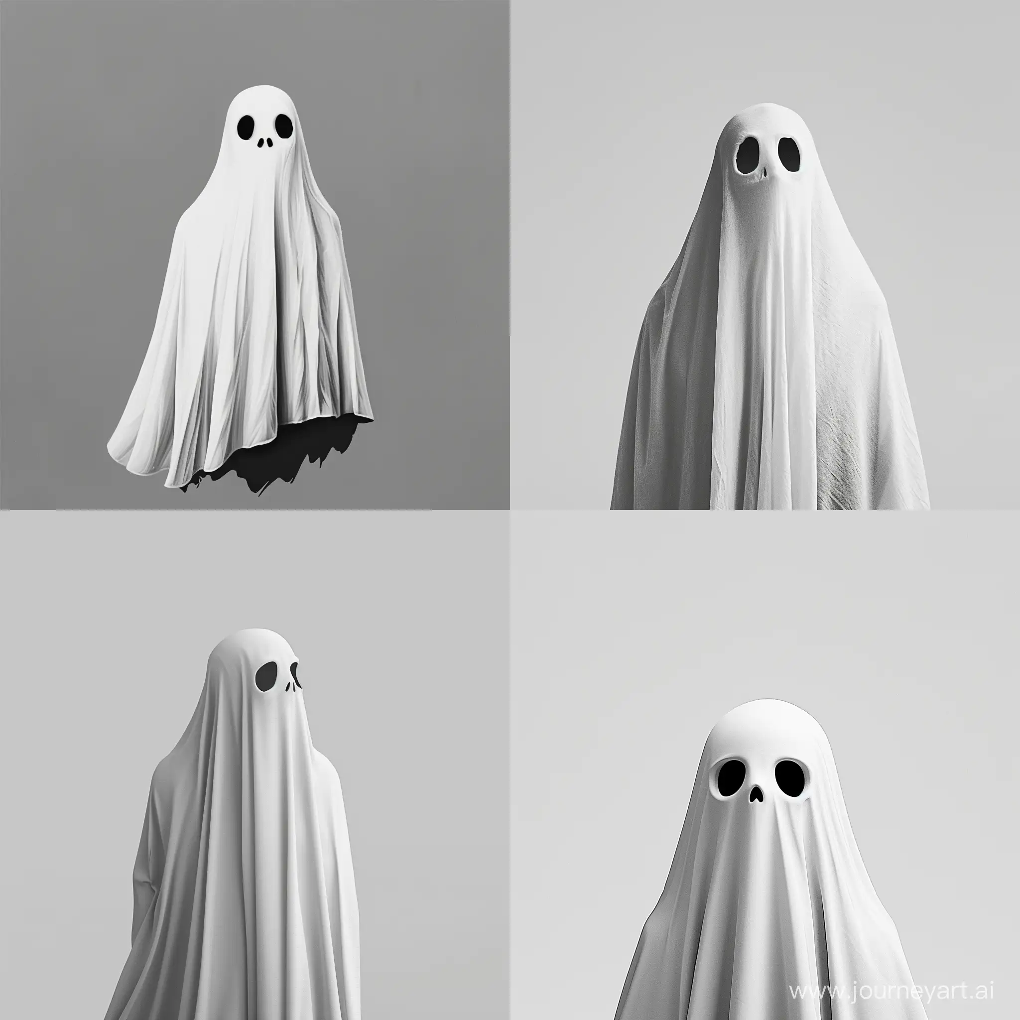 good ghost in a gentle and soft style – monochrome, black and white, friendly ambiance, solid light grey background