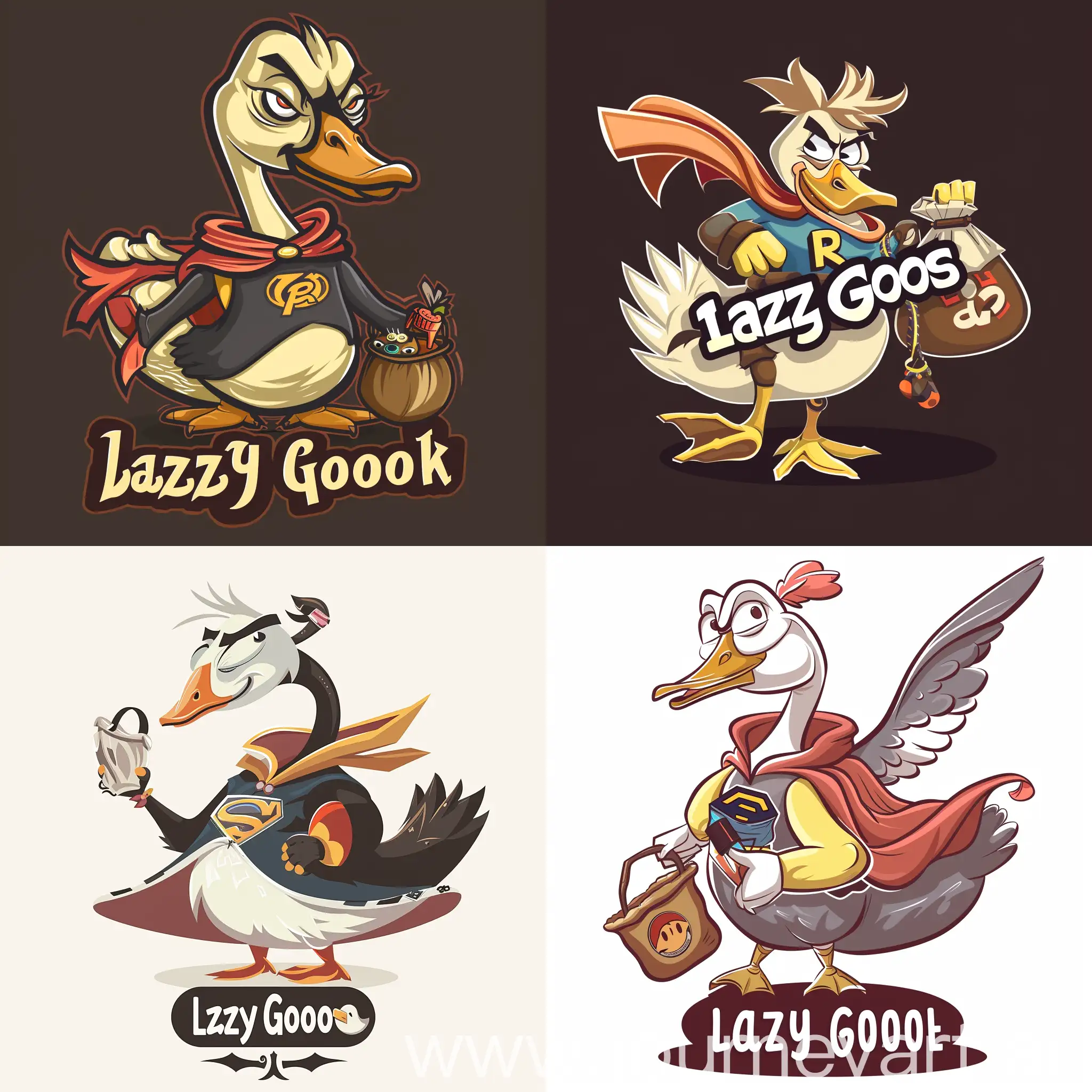 Produce a logo depicting a goofy goose with exaggerated features, wearing a superhero costume, and holding a bag of tricks, with 'Lazy Goose' written in a fun, quirky font