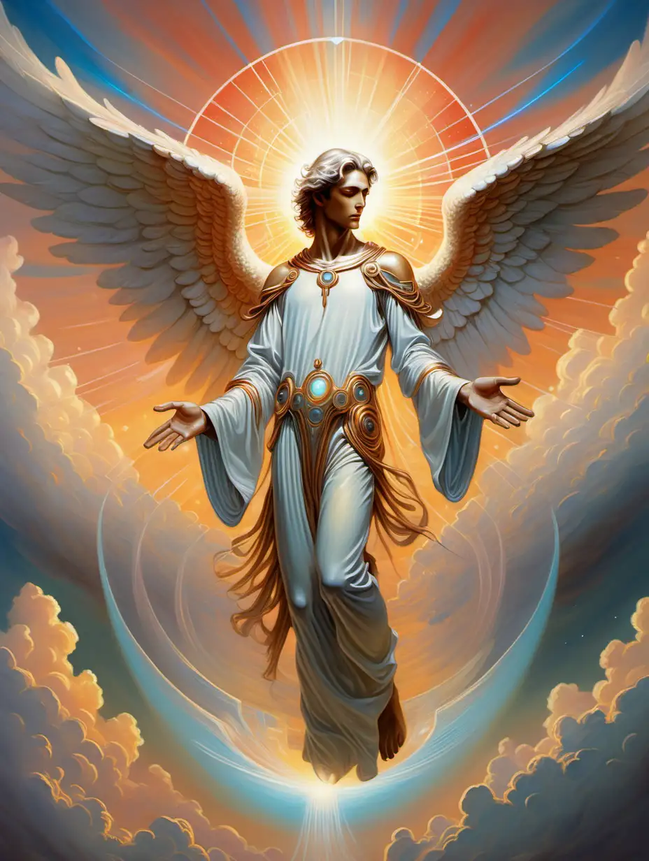 Futuristic Painting of a Majestic Male Angel at Sunrise