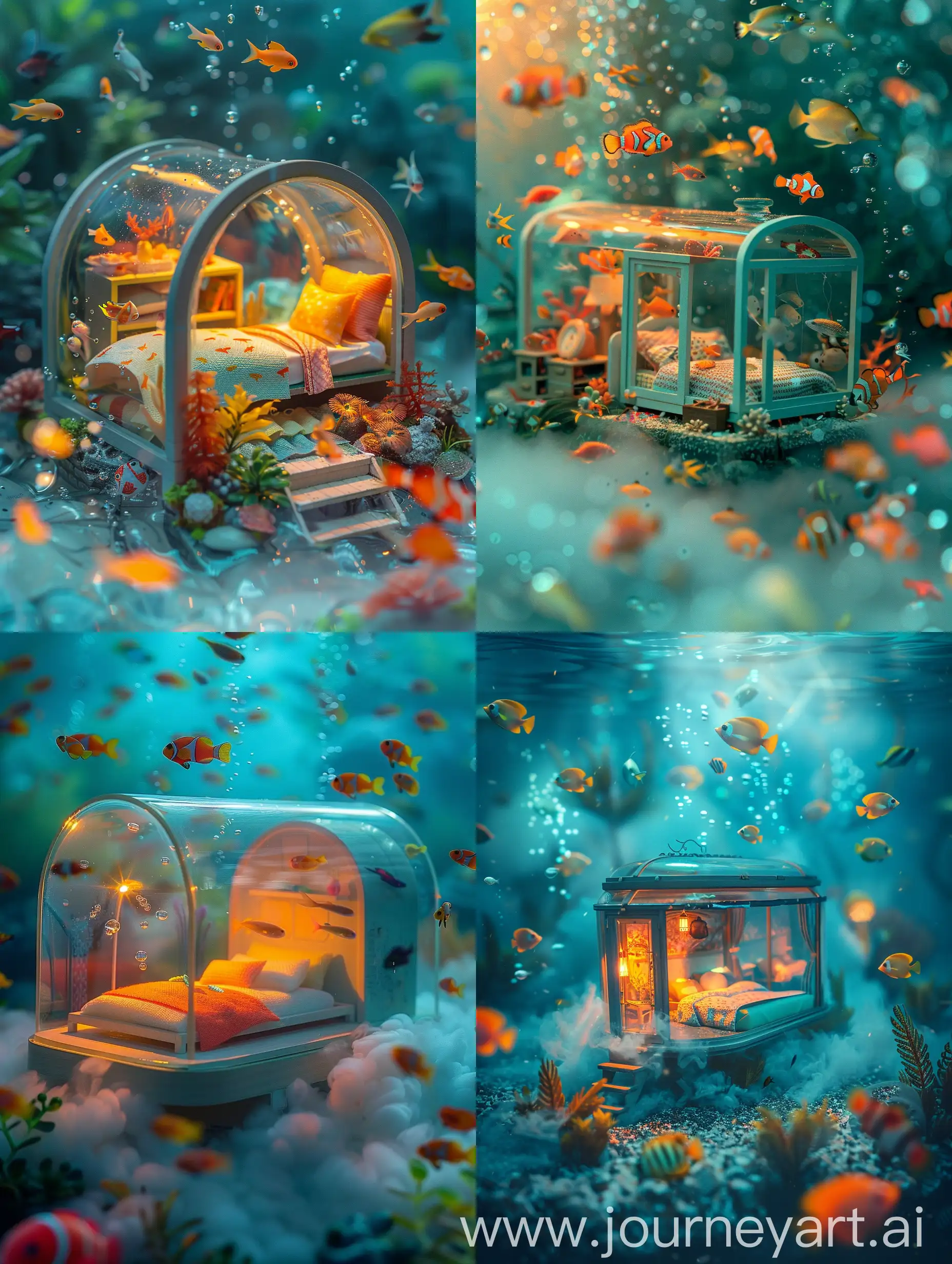  Beautiful miniature scene, a warm and sweet fully sealed glass bedroom underwater, tropical fish swimming in the water, kawaii style, colorful light and shadow effects, exquisite details, colorful lighting, charming colors, rich textures, surrealism, exquisite craftsmanship, fantastic underwater landscape, fantastic scene, healing style, the whole space is full of soft fog. High-angle perspective, close-up, miniature masterpieces --s 250
