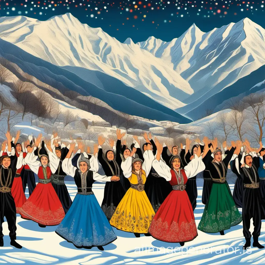 Against the backdrop of the majestic Caucasus Mountains unfolds a colorful scene. In the center of the stage, couples dance in traditional costumes, performing the lively Lezginka dance. Men are dressed in black or white Circassian attire adorned with silver glaziers and belts. Women wear bright dresses with long skirts and shawls on their shoulders. All dancers move at a fast pace, making intricate and graceful hand movements. The music plays loudly and energetically, while the audience cheers the dancers on with applause. In the background, the snow-covered Caucasus Mountains are visible, creating a beautiful backdrop for this scene, adding to the sense of grandeur and beauty. The whole scene is filled with joy and merriment, creating the atmosphere of a true Caucasian celebration.