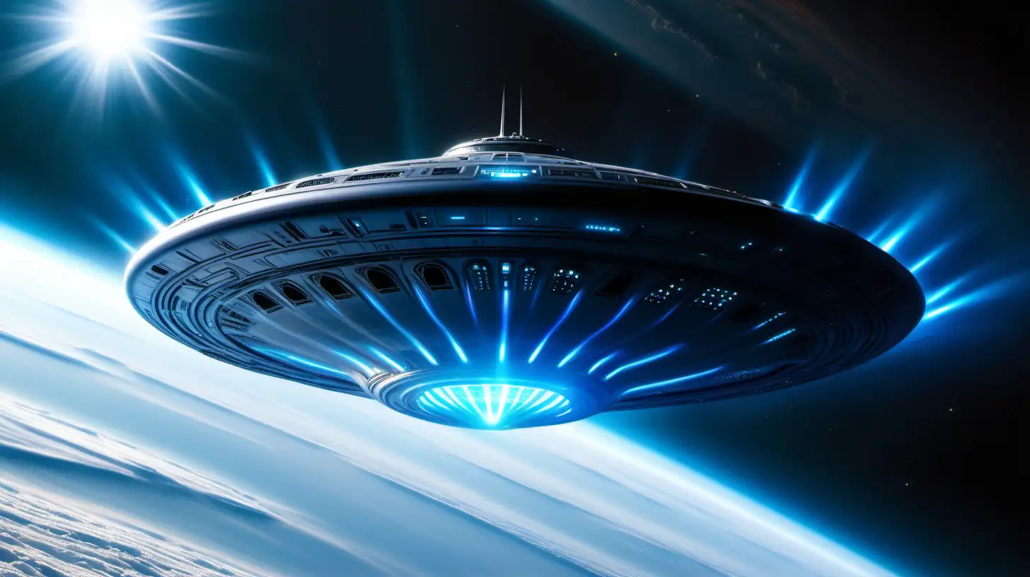 A massive, sleek metallic saucer-shaped alien ship descending through Earth's atmosphere, emitting a soft blue glow around its edges.