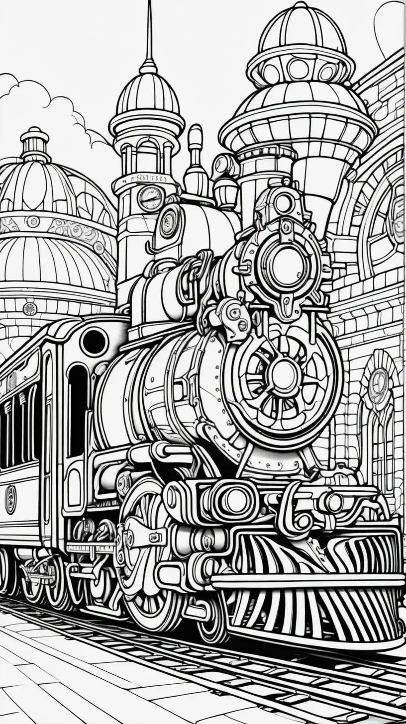 steampunk style train , thick clean black lines, coloring book image, cartoon style, minimalist style,  steampunk train station background