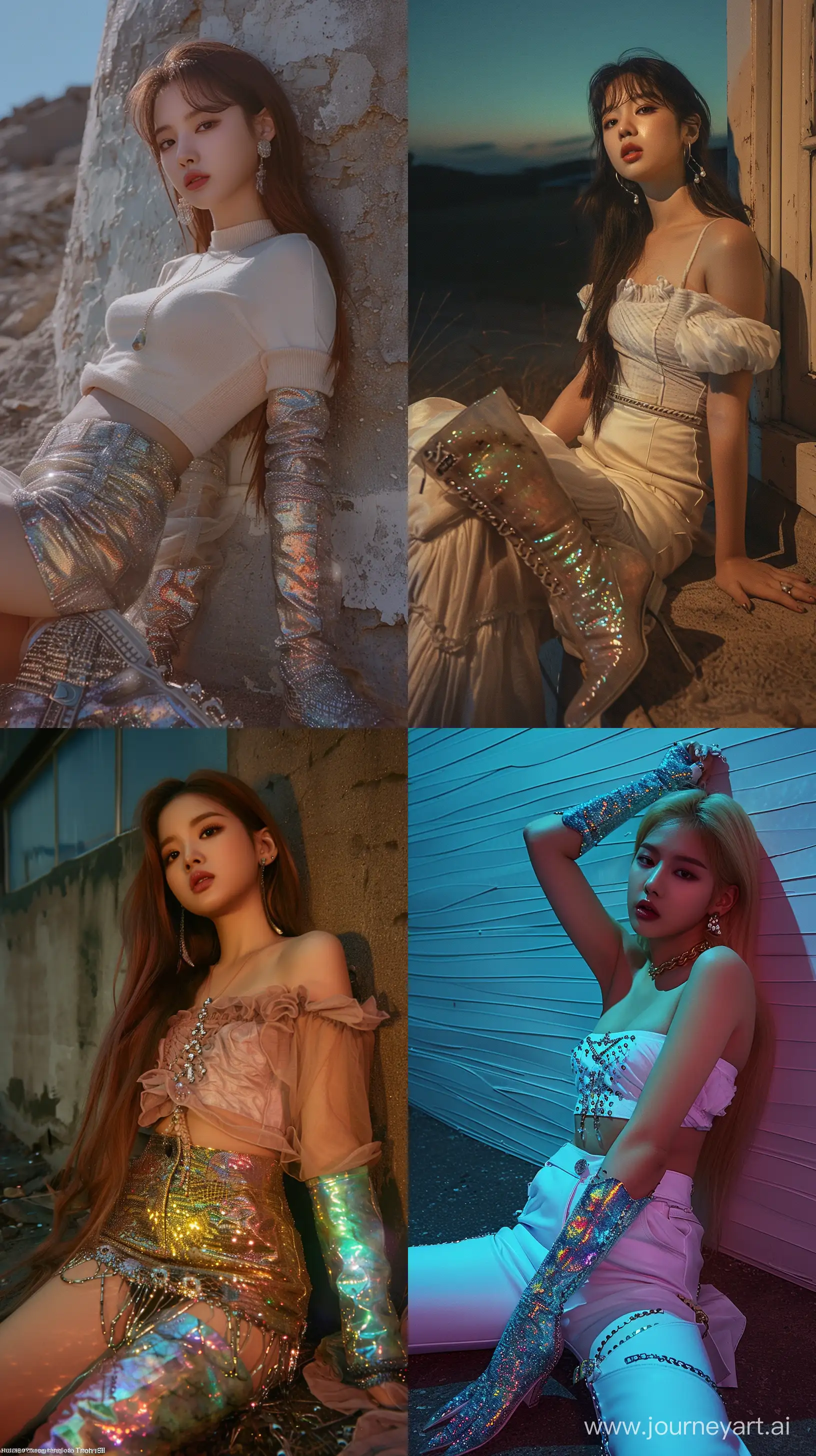 High resolution fashion photo of jennie blackpink's full body shot, wearing a crystal boots made of Labradorite laying on the wall, super casual, everyday attire, in the style of jennie, mysterious nocturnal scenes, fujifilm, album covers, flickr --ar 9:16 --style raw --stylize 250 --v 6
