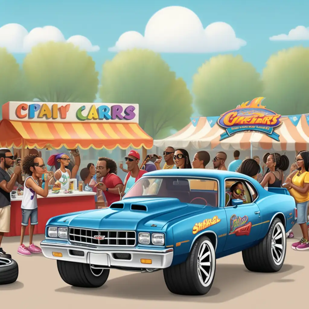 Create cartoon of show cars with 24 inch rims, smoking tires, african american street party park setting, sideview
