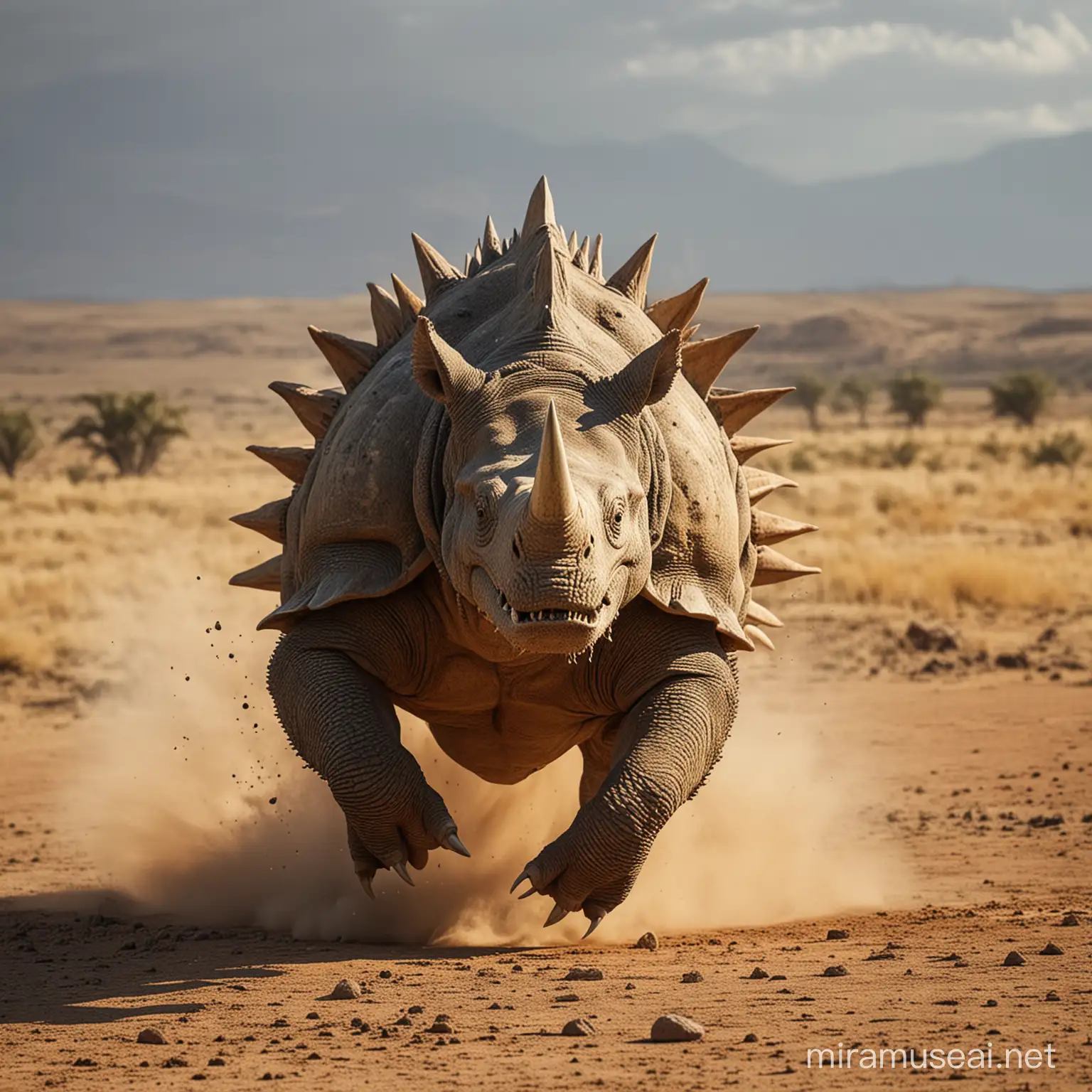 rhinocerous stegosaurus mix charging with deadly anger, open plains background, full body