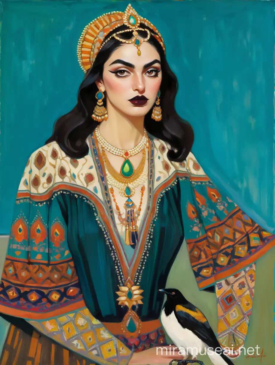 persian girl ,unibrow,persian carpet in background ,Portrait of a pretty young woman with blush, winged-eyeliner-cateye, star bokeh, macabre art, pout, black-lipstick, tiktok-makeup, detailed, detailed face, art by Karel Thole, art by Rachel Ruysch, art by Maria Lassnig, art by Diego Rivera, art by Ashley Wood, art by William Ladd Taylor