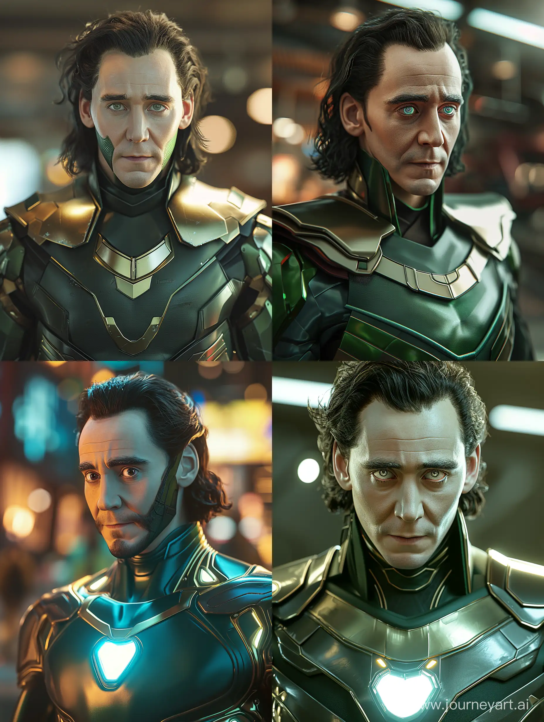Loki wearing ironman suit, Detailed face, detailed eyes, detailed nose, detailed mouth, high_resolution, hdr, hd, 8k, cinematic,photography, photorealistic, photorealism, hyperdetailed, illustrations, illustrating,clear skin,uhd, ultra-realistic, realism, realistic, best lighting, colour,high quality, unreal engine, epic realism, detailed, best design, detailed graphics, high_contrast, super detailed, ((masterpiece)),hyper-realistic,ultra_detailed,high_definition,professional SLR camera,volumetric lights.