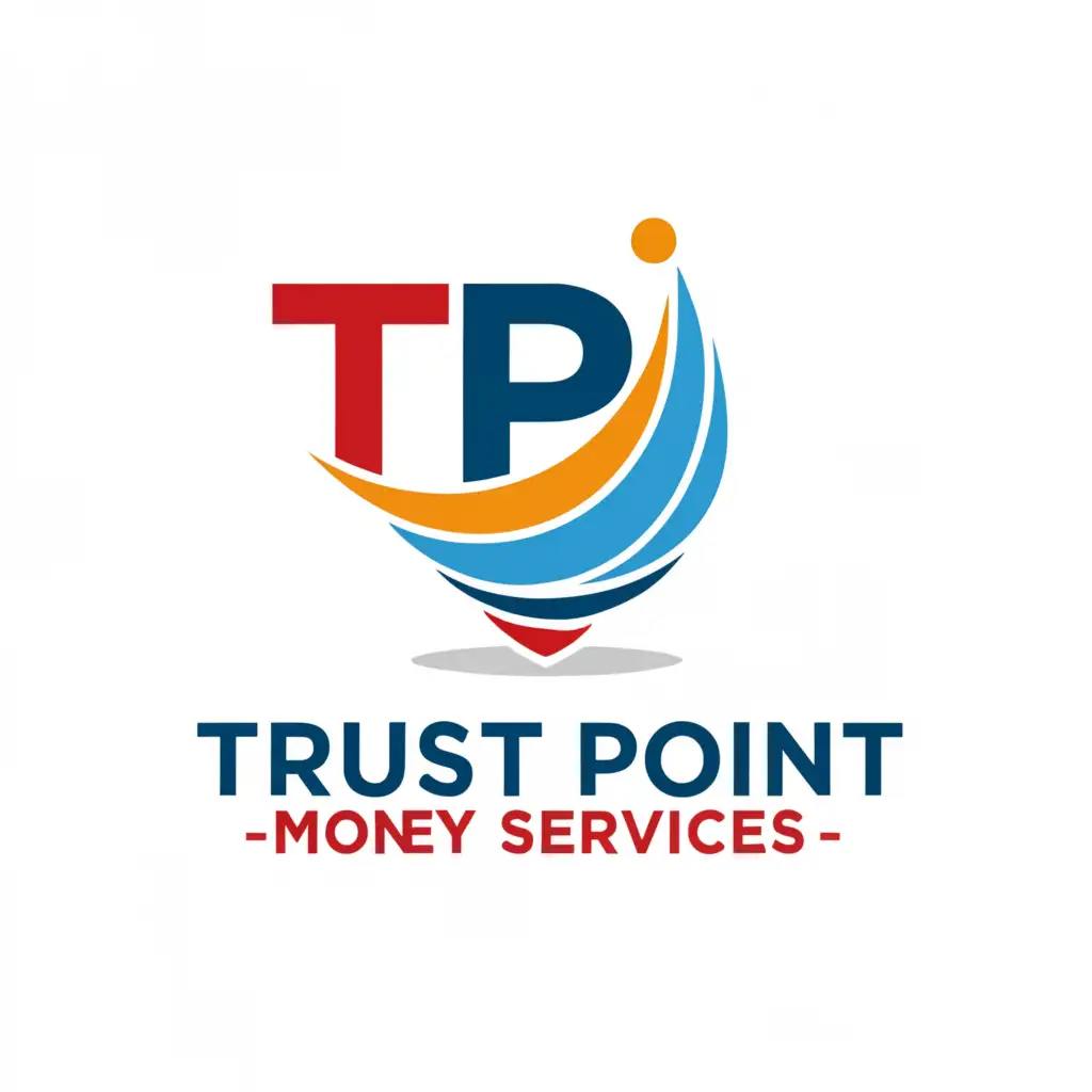 a logo design,with the text TRUST POINT MONEY SERVICES, main symbol: TPM IN A BIG GOLD BLUE RED  WATERY HALF CIRCLE WITH A SHADOW WITH POINTERS, be used in Real Estate industry, clear background
