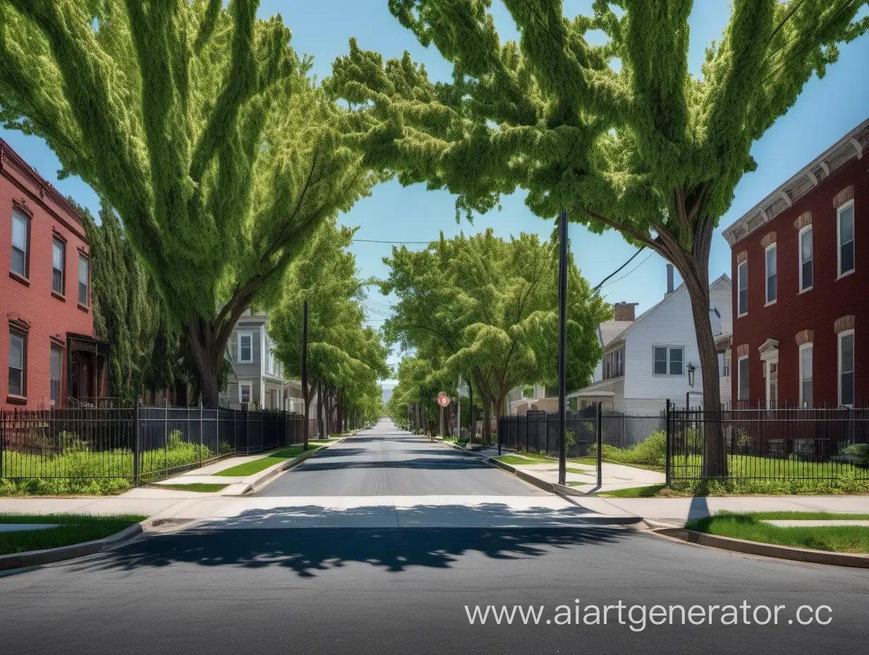 Serenity-on-an-Empty-American-Street-with-Lush-Trees-and-Wrought-Iron-Fence