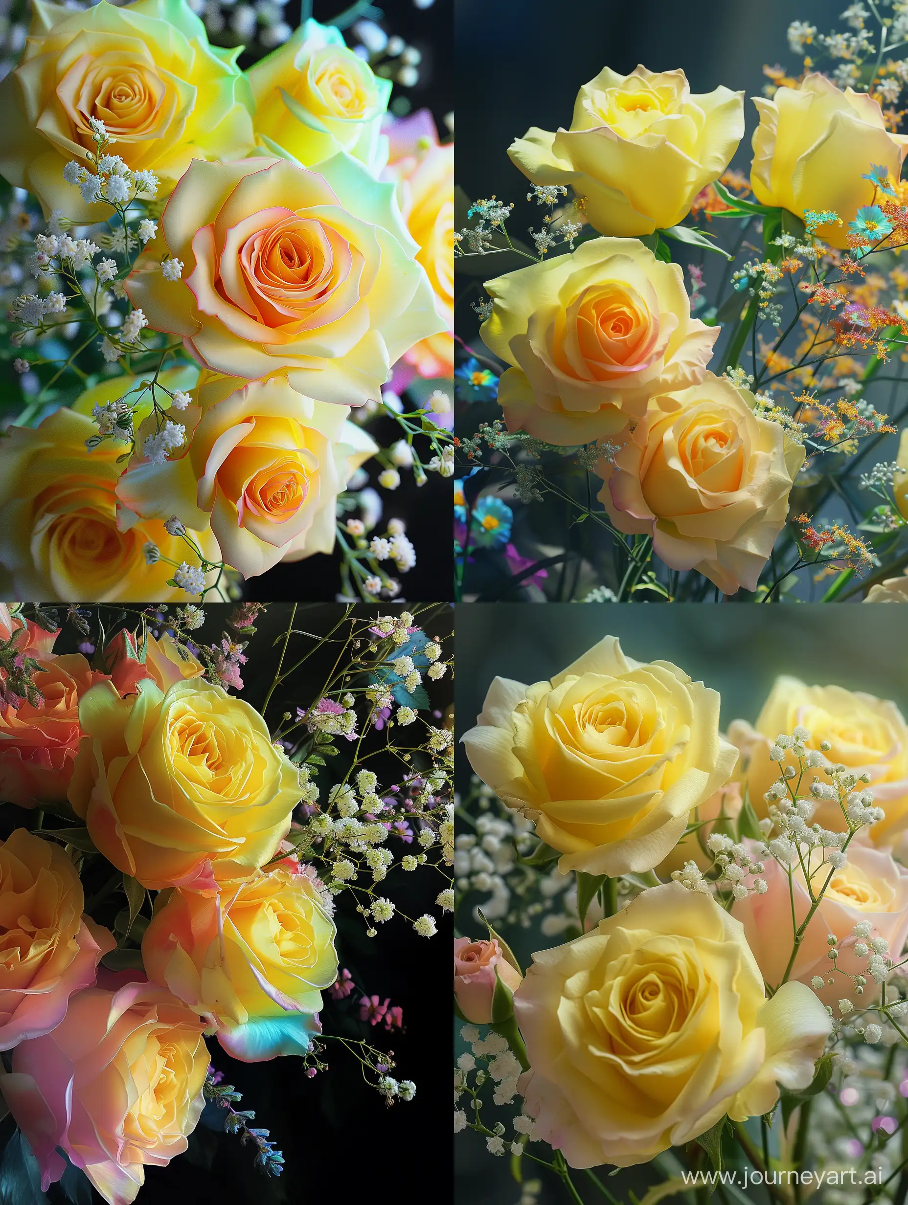 Букет лимонно-жёлтых роз,веточки радужной гипсофилы,крупный план,botanical art,высокохудожественная цифровая живопись, эстетично, красиво, lumen,профессиональное фото,высокая детализация, яркое освещение