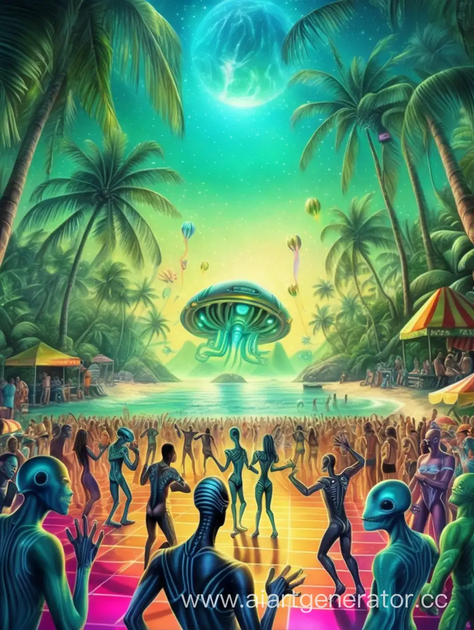 background for flyer, rave, sea, digital ai art, realistic , fx, effects, beach open air, party humans with aliens dance together on dance floor, jungle techno events