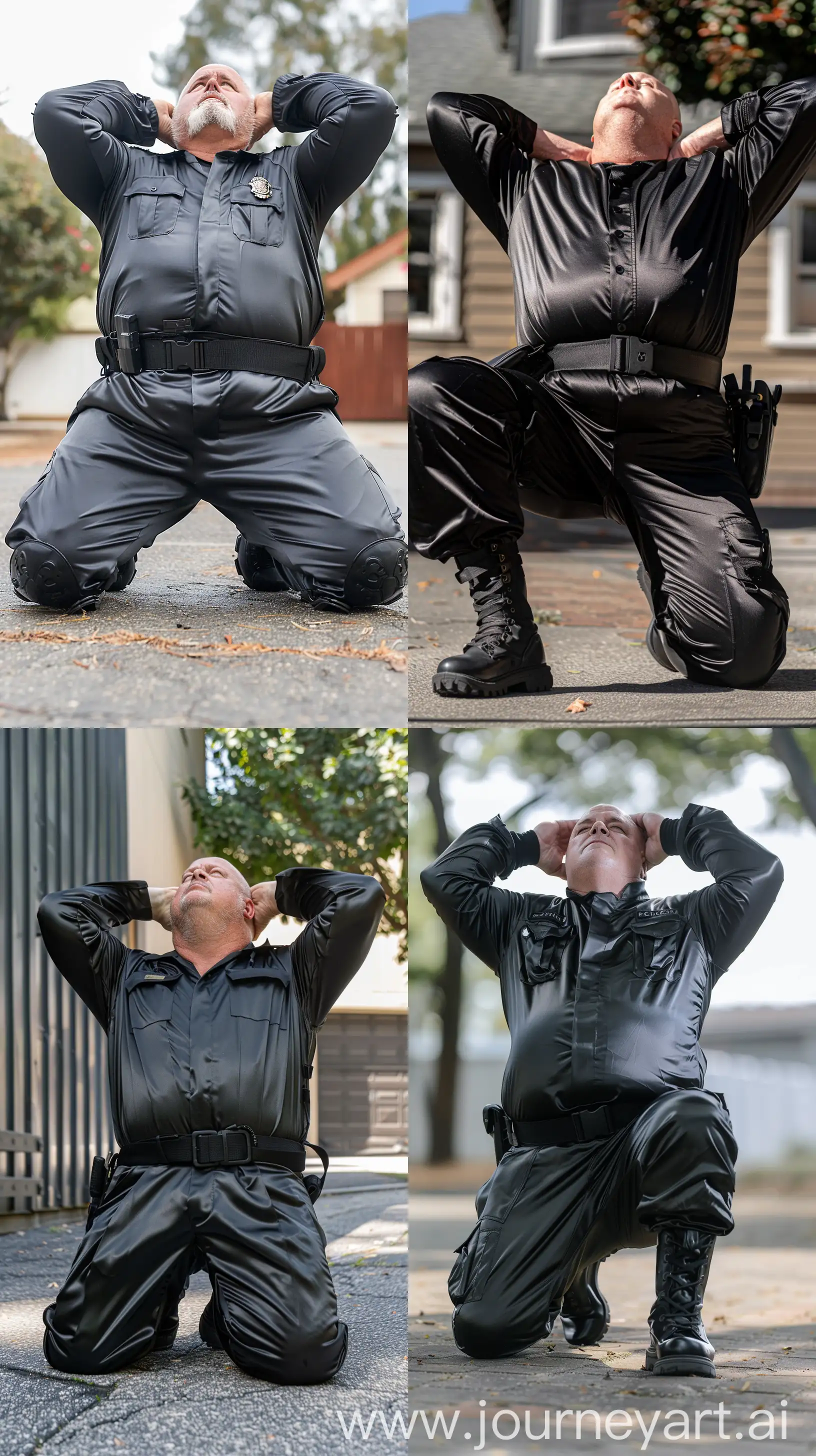 Close-up chest-level photo of a serious fat man aged 60 wearing a silk black security guard skinny-fitted full coverall tucked in black tactical boots. Black tactical belt. Outside. On his knees looking up at the sky, hands behind his head. Outside. Bald. Clean Shaven. Natural light. --style raw --ar 9:16