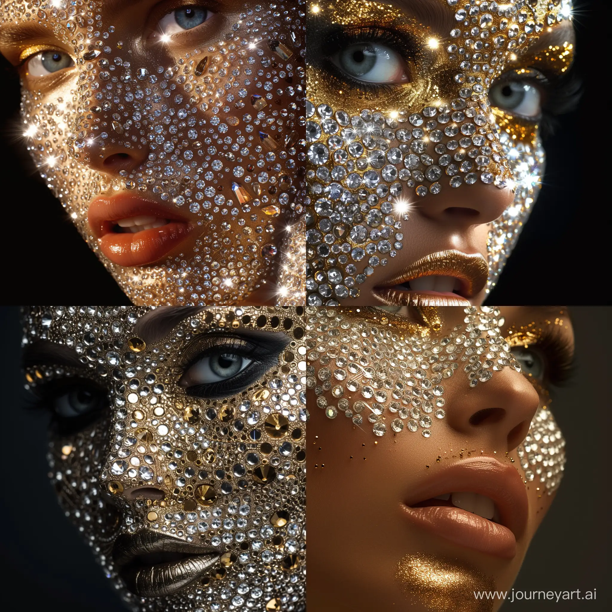 Close lady face with many diamonds and gold