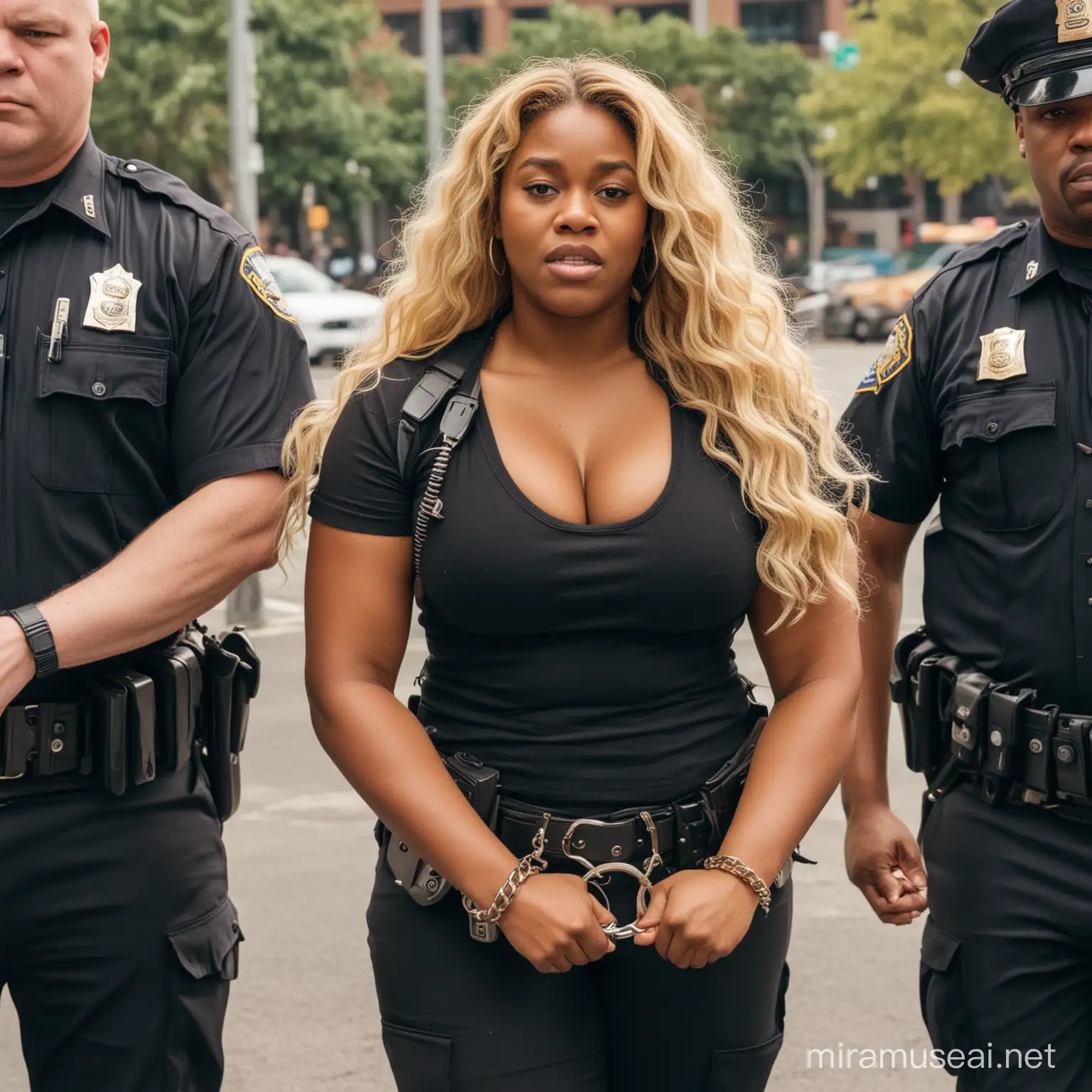 Jessica a slightly overweight black woman with long blonde hair getting arrested, getting put in handcuffs by angry cops