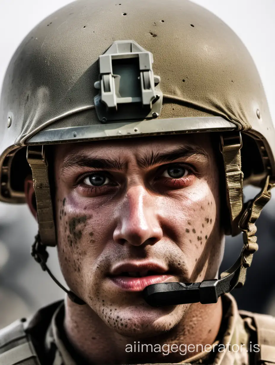 The motivated face of a soldier in a helmet.