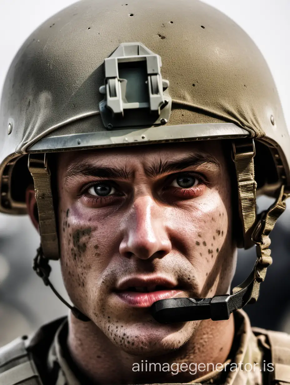 
The motivated face of a soldier in a helmet.