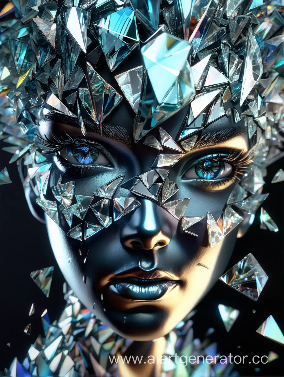 highres,ultra-detailed,realistic,(best quality,8k,16k,masterpiece:1.3),shattered glass,colored mirror shards,female face,cracked glass effect,reflective surface,sharp edges,dark atmosphere,glimmering fragments,colored glass,sculpture,dazzling reflections,detailed facial features,broken mirror,magnificent art piece,translucent shards,shimmering glass fragments,mesmerizing patterns,unique texture,brilliant craftsmanship,fractured ,mysterious shadows,colored glass shards,broken reflections,split personality,eye-catching artwork,dynamic pose,shattered reality,striking contrast,ethereal beauty,creative interpretation,broken boundaries,fragmented symbol,mask of glass, realistic art by Maciej Kuciara, hajime sorayama, Add_Details_XL-fp16 algorithm with octane 4d rendering, aw0k euphoric style mugshot rfktrstyle --niji 50 --testp --q 50 --chaos 50, vol),