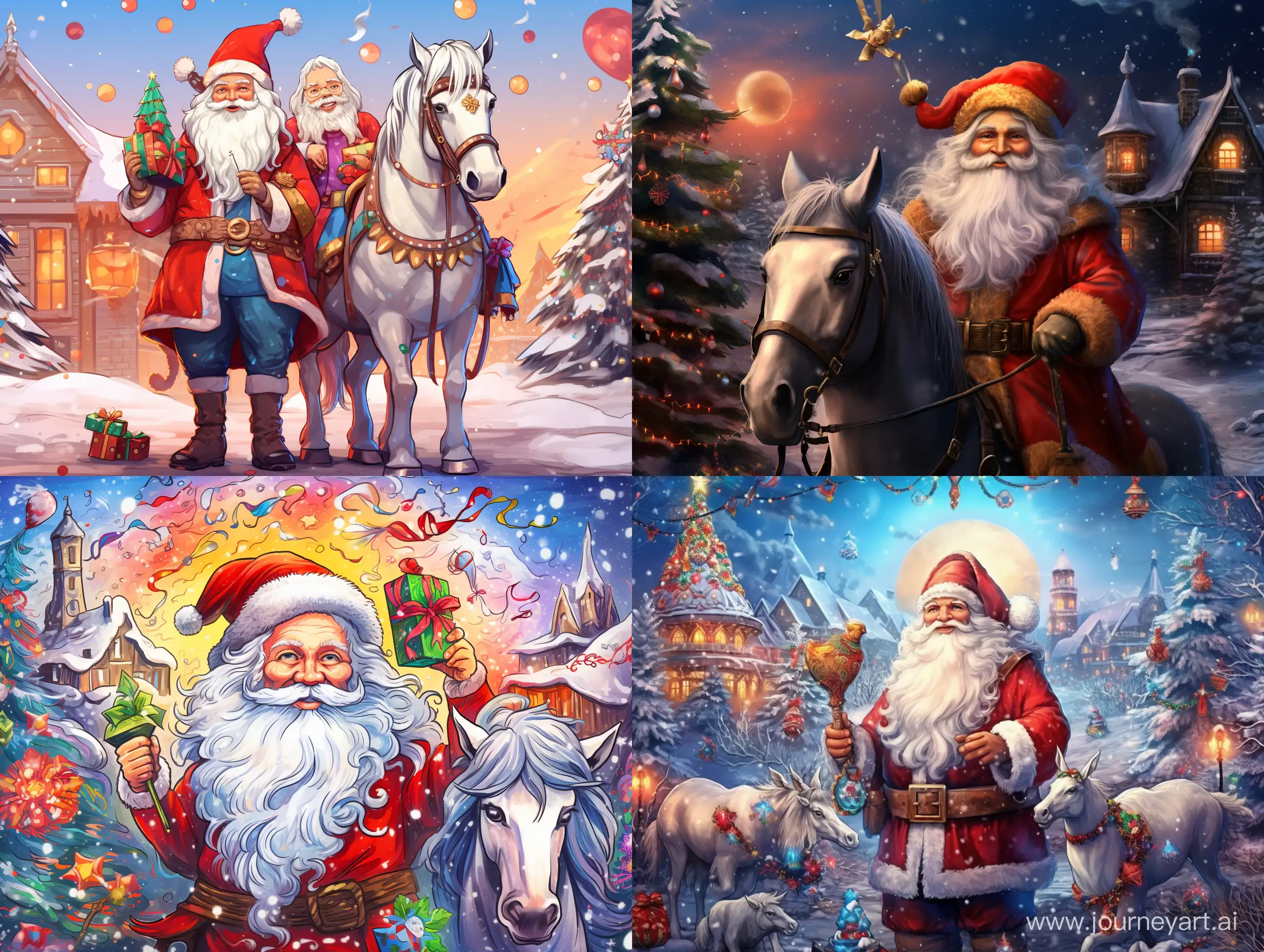 picture for a new year summary video. Put 2 30-years old slim Santa Clauses without mustache and beard. Use other new year symbols, new year tree, stars, magic unicorns.