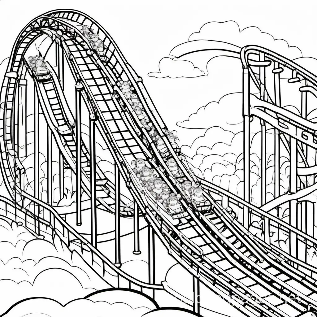 Roller coasters , amusement parks and zoo animals , Coloring Page, black and white, line art, white background, Simplicity, Ample White Space. The background of the coloring page is plain white to make it easy for young children to color within the lines. The outlines of all the subjects are easy to distinguish, making it simple for kids to color without too much difficulty