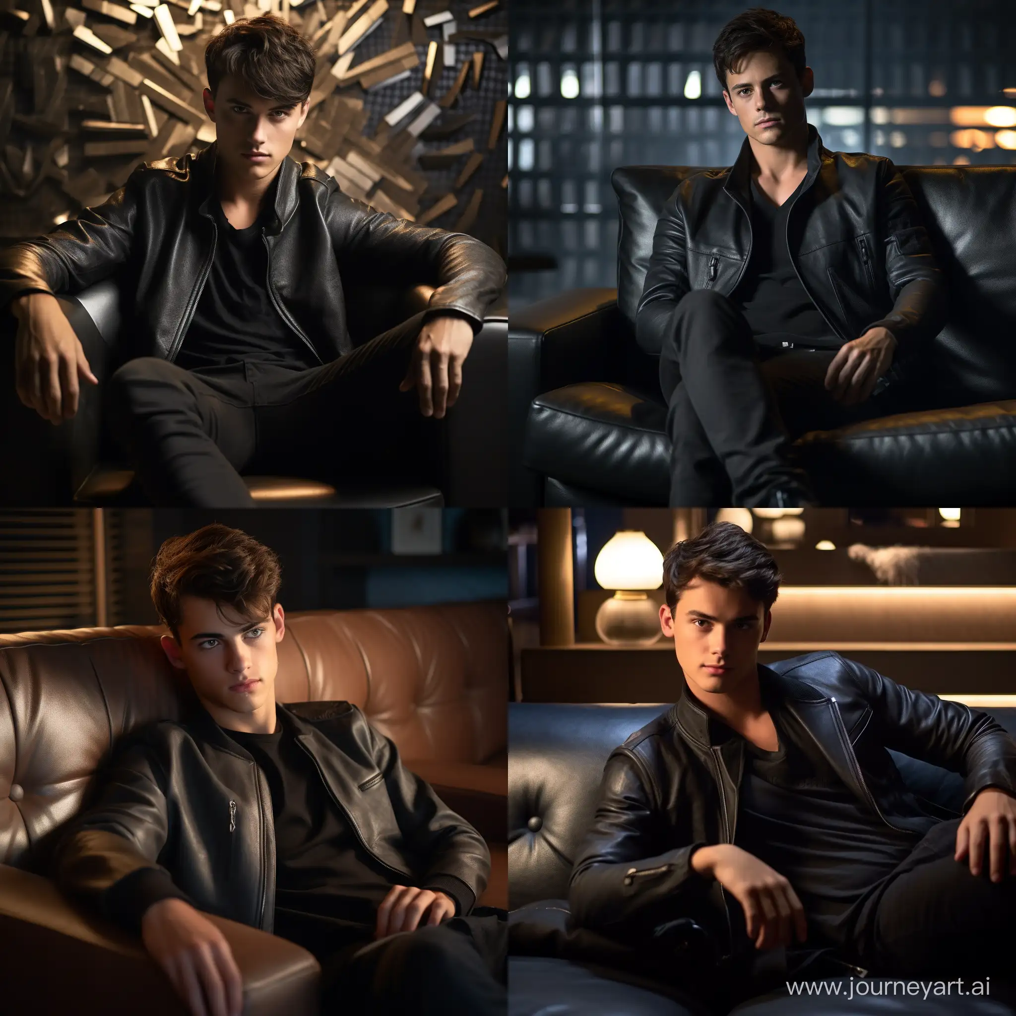 A sophisticated, realistic 4k cinematic photo,young adult, Not a mature 17 years old. European appearance with classical medium length darkbrown haircut. He's wearing clothes with  Armani Exchange logo clothes. He is sitting on leather sofa, his focused demeanor enhanced by the soft glow of the screen in the room's understated lighting. The setting boasts a luxurious modern design with expensive furniture and book-lined shelves in the background that suggest depth and texture. In the style of 35mm film 