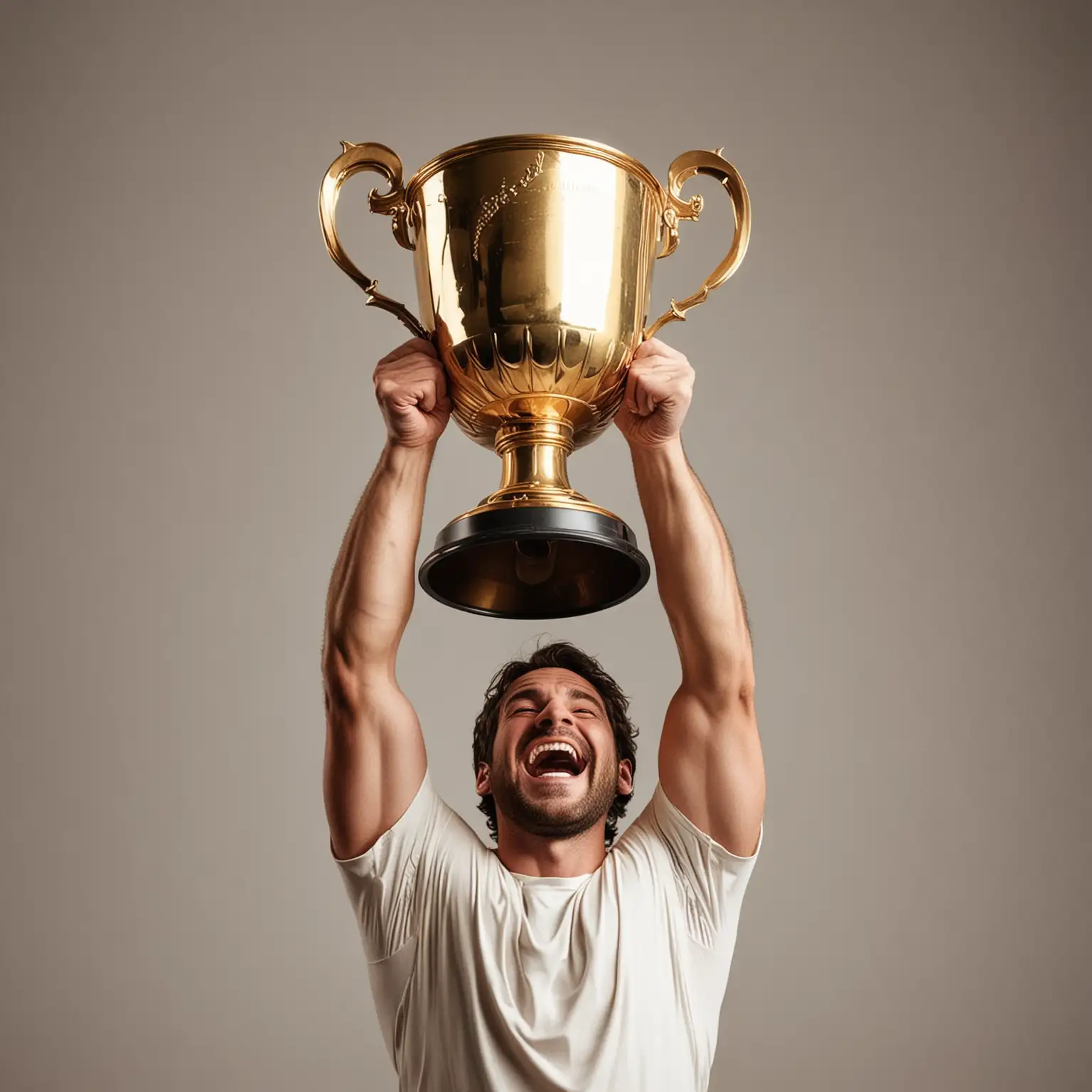 Excited Man Celebrating Victory with Giant Trophy