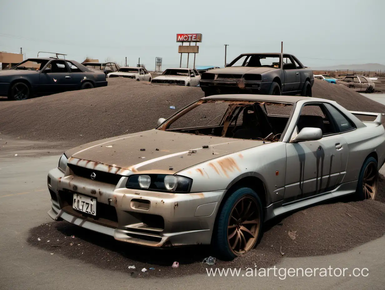 Abandoned-Nissan-Skyline-in-Wasteland-near-Motel-and-Road