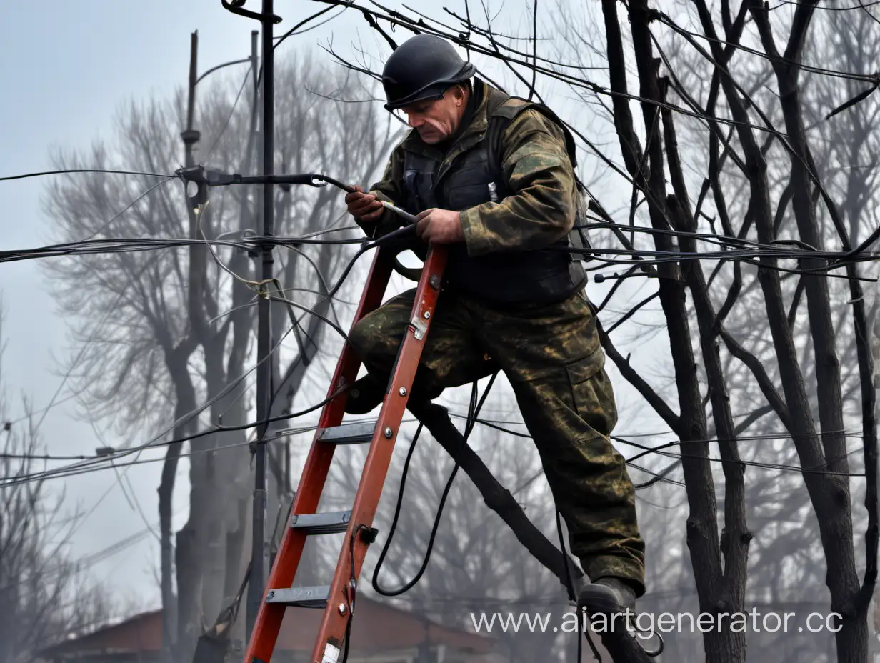 гражданский специалист в возрасте 50 лет под обстрелом  ремонтирует оптоволоконный кабель стоя на лестнице на столбе, во время военных действий в Украине
