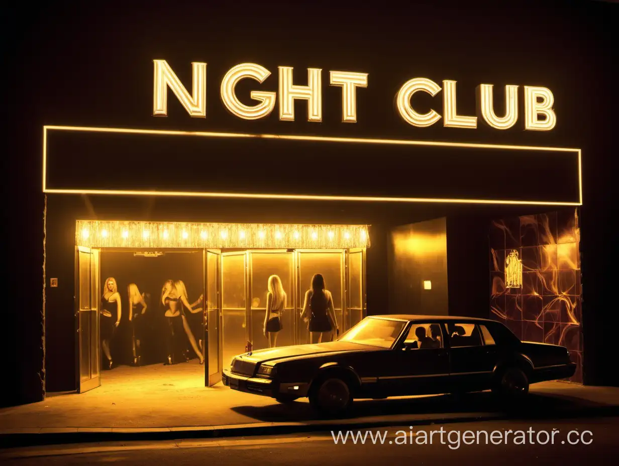 Вход в дорогой ночной клуб, сверху пустая надпись клуба, вокруг все светится золотым цветом в сочетании с черным, на входе стоят девушки разговаривают, рядом припаркована машина. Немного дыма