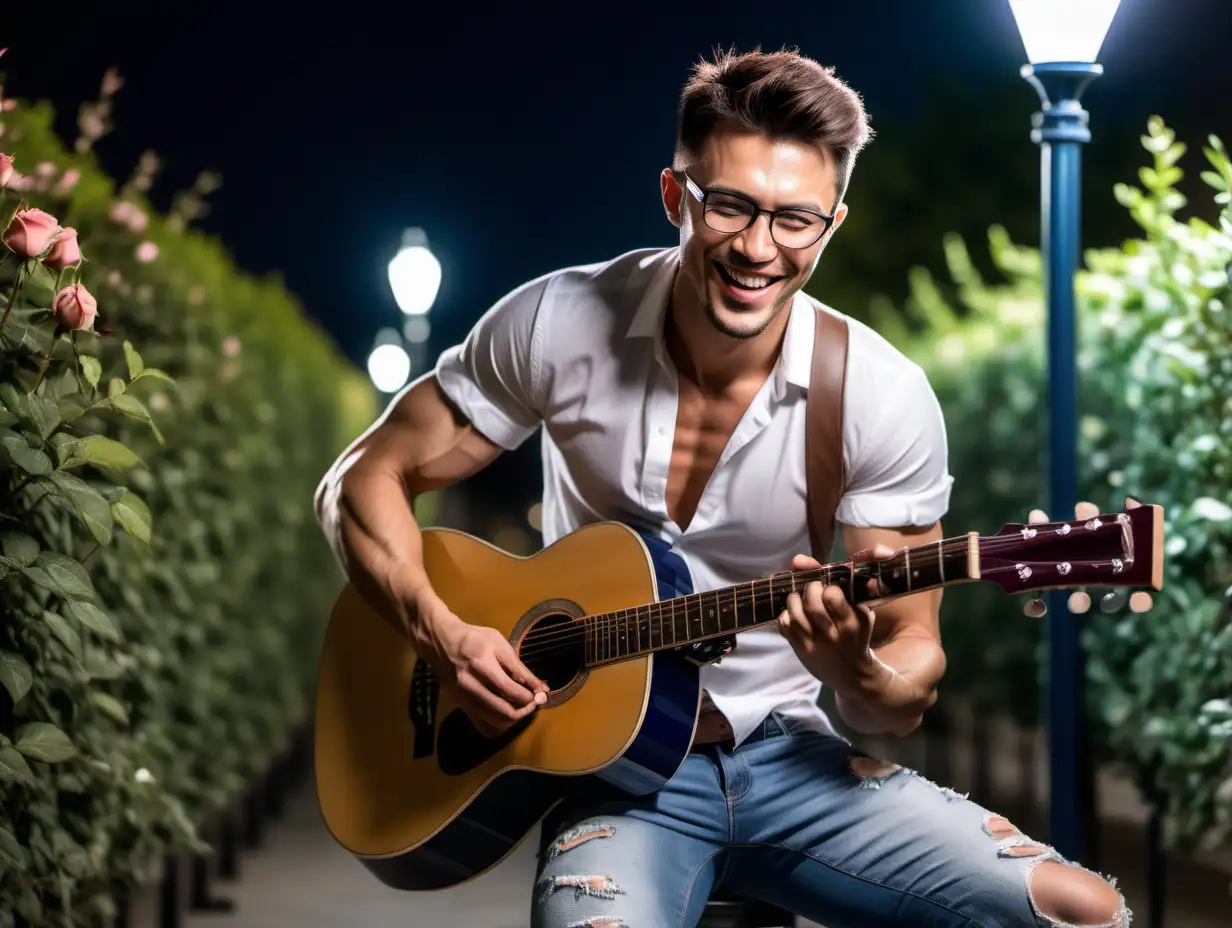 Handsome man play guitar in rose garden, short hair in navy blue color, open white shirt, hairy chest, abs, muscular, 5 o'clock shadow, glasses, torn blue jeans, smiling, night, street lamps 