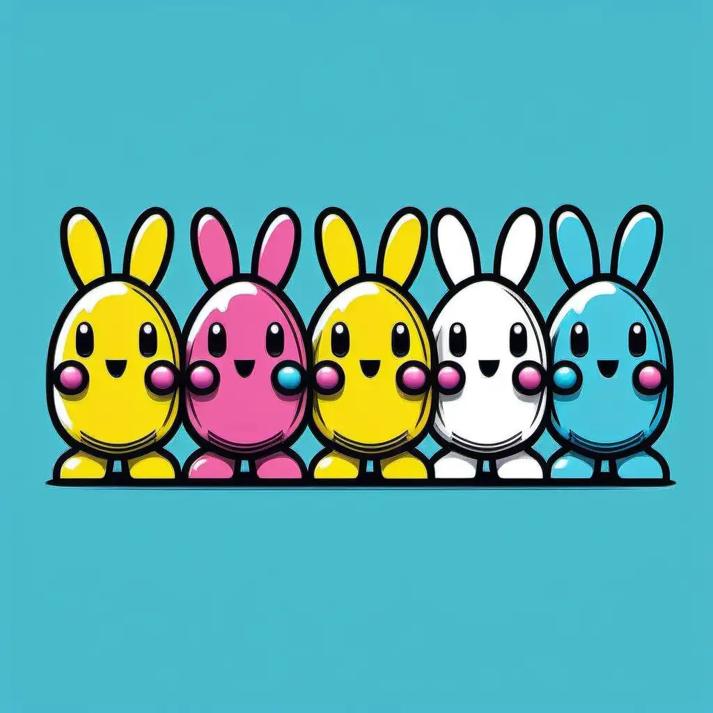 line illustration, pacman in line to eat 5 iconic easter bunny PEEPS candy design vector, isolated on a white background