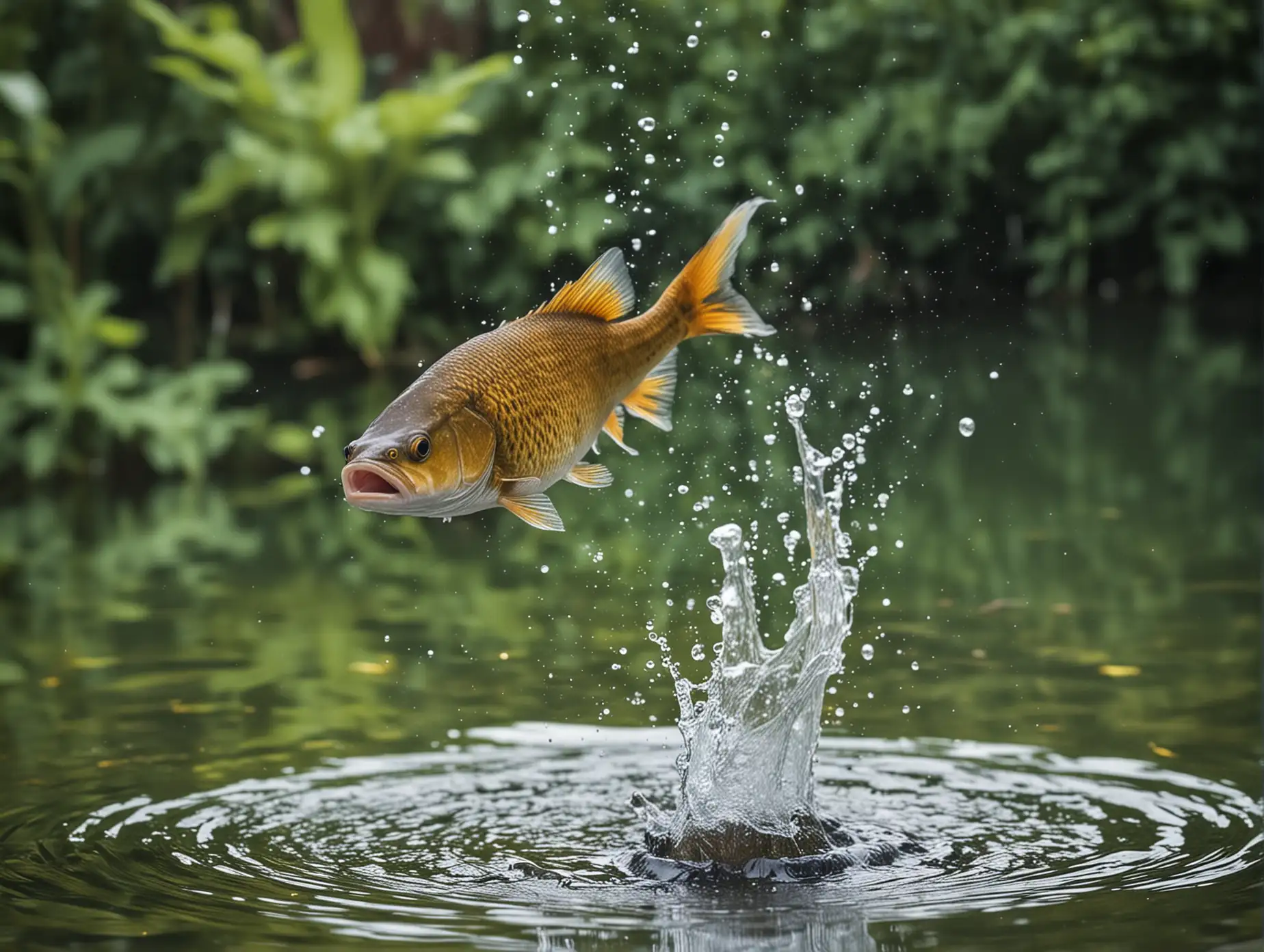 Vibrant Fish Leaping from Sunlit Pond Waters