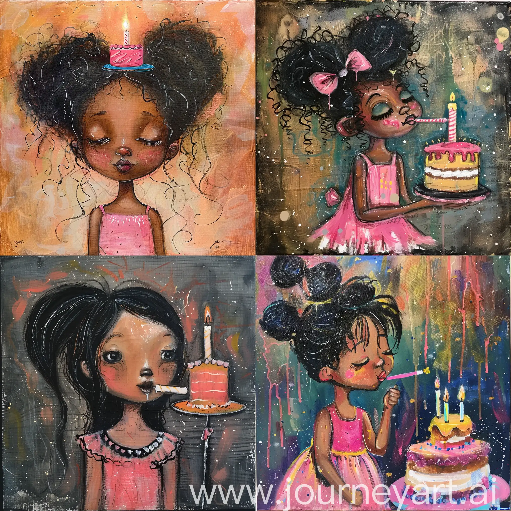 Crayon Acrylic painting of Black hair girl with pink dress, blowing candle on top of the cake.