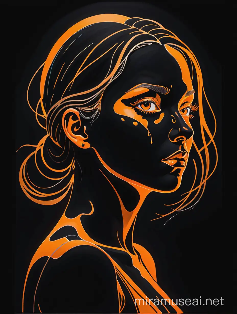 Painting of outlines of fierce woman who is lonely and depressed. Black background and orange outlines inspired by Salvador Dali style. outlines. only black and orange