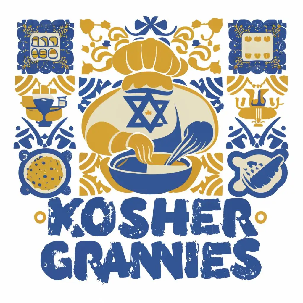 logo, Israel, yellow, blue, white, Jewish food and tradition jewish grannies cooking, Paul Klee, with the text 'Kosher Grannies', in Portuguese tiles, typography, be used in Automotive industry