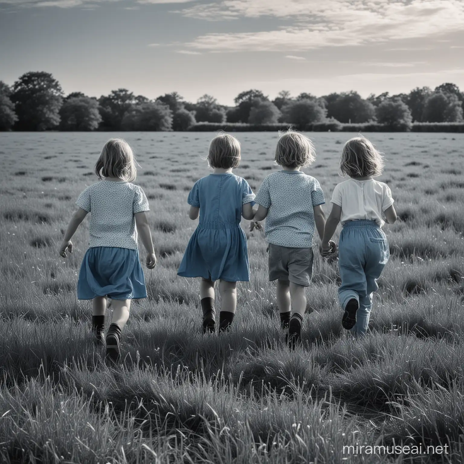 a picture showing the back of four children playing in a field in blue tone