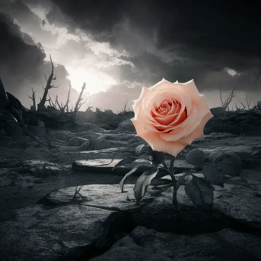 Post-apocalyptic futuristic landscape, desolation, bare ground, extreme contrast, backlight, close up on an outstandingly beautiful peach color rose has grown out of black granite, ink art